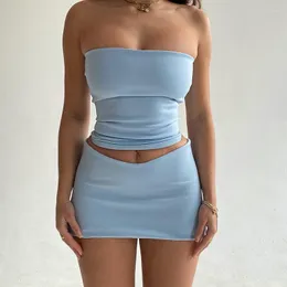 Women's Tanks SIYU Sexy Strapless Crop Top Short Skirt Suits 2 Piece Set Outfits For Women Summer Fashion Co-Ord Sets Matching