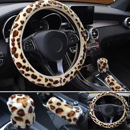 Steering Wheel Covers 3Pcs Car Cover Handbrake Gear Shift Set Anti-Slip Leopard Print Universal Syling AccessoriesSteering