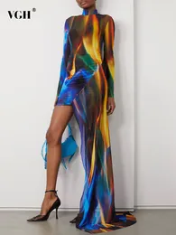 캐주얼 드레스 VGH 스프링 패션 컬러 블록 드레스 여성 turtleneck 긴 슬리브 패치 워크 gheer mesh 불규칙한 여성 의류 230224