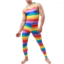 Undershirts Rainbow Mens Sexy One-piece Pajama Fitness Bodysuit Wrestling Singlet Sport Vest Jumpsuit Male Sleepwear Homewear