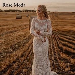 فساتين الحفلات Rose Moda V الظهر بأكمام طويلة دانتيل فستان زفاف بوهيمي فستان زفاف بوهو مخصص جعل Real Pos 230224