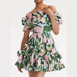 2023 멋진 드레스 여자 꽃 프린트 모여 허리 슬래시 넥 퍼프 슬리브 FitFlar 미니 드레스