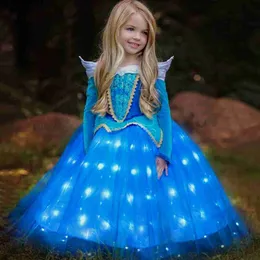 Girl's Dresses Movie Character Come Princess LED Light Up Blue Dress Glamour Girl Cosplay Carnival Birthday Gift Party Gown Evening Dresses W0224