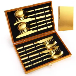 Servis uppsättningar 12st Gold Flatware Set med presentförpackning Rostfritt stål Bestick Black Knife Fork Spoon Kitchen Tabelleris