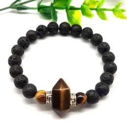 Strand FYSL Silver Plated Small Hexagon Column Many Color Quartz Connect Black Lava Stone Beads Stretchy Bracelet Fashion Jewelry