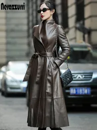Womens Jackets Nerazzurri Autumn Long Brown Black Soft Faux Leather Trench Coat for Women Belt Kirted Elegant Luxury Fashion 5xl 6xl 7xl 230224