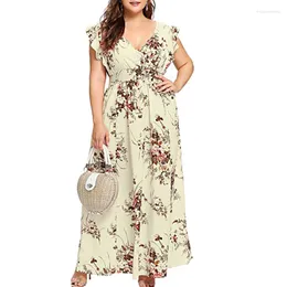 الفساتين غير الرسمية نساء الصيف 2023 بالإضافة إلى حجم مثير الخامس الأزهار طباعة بوهو شاطئ طويل فستان الشيفون بلا أكيام