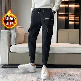 Erkekler Pantolon Sonbahar Kış Kalın Sıcak Kot pantolon Men Giyim 2023 Moda Yan Cepleri İnce Uygun Sıradan Denim Pantolon Joggers Black 36