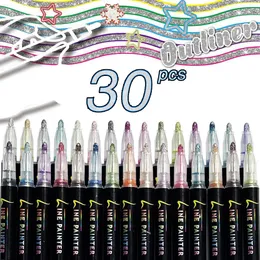 İşaretçiler DIY Scrapbook için Metalik Glitter Journal Diary 30 Renk Çift Çizgi Anahat Yük atma İşaretçisi Boyama Malzemeleri