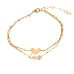 Fußkettchen Mode Einfache Perlenkette Liebesbrief Doppelschicht Glänzend Titan Stahl Knöchel Elegante Luxus Damenschuhe