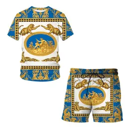 Summer Tracksuits Golden flower Pattern Lion Head Printed Men T-shirt and Shorts Suit Oversized Casual Man Sportswear Tracksuit Trend 2-Piece Set size S-6XL