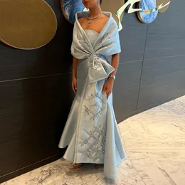 Luxury Dubai Blue Mermaid Arabic Evening Dresses With Cape Shawl Beaded Elegant Women Prom Formal Gowns Vestidos de Feast