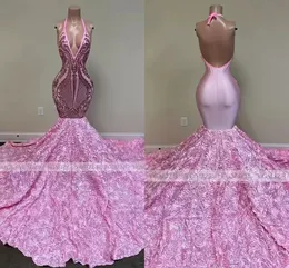 2023 Pink Long Prom Dresses Mermaid Black Girls Sequin Sexig backless grimma 3D Flowers African Women Formal Evening Party BC15100 J0224