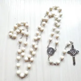 Collares pendientes QIGO Rosario de piedra blanca larga Collar de cruz de metal para hombres Mujeres Joyería religiosa