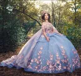 Sky Blue Lace Prinzessin Quinceanera Kleider mit Mütze Blumen Perlen charro mexikanische Vestidos de 15 Anos süßes 16 Festzugskleid