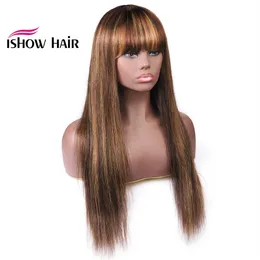ISHOW Colored Straight Wig Peruansk Human Hair Wigs With Bangs 4 27 Orange Ginger 99J Human Hair None Spets Wigs315Z