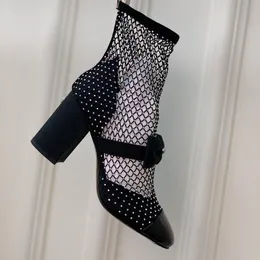 Sandali da donna in pelle verniciata con tacco grosso 5,5 cn / 8,5 cm con scarpe eleganti in rete con fiocco