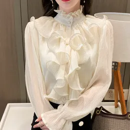 Women's Blouses Shirts Korean Ruffles Stitching Elegant Lace Blouse Woman Stand Collar Button Chiffon Shirt Long Flare Sleeve Fashion Loose Tops 12946 230223