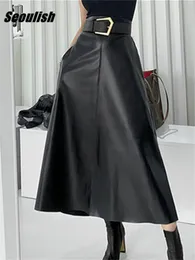 Röcke Seoulish Classic Schwarz Faux PU Leder Lang mit Gürtel Hohe Taille Regenschirm Damen Weiblich Herbst Winter 230224