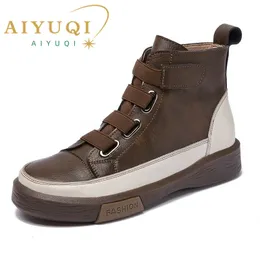 Zapatos de vestir AIYUQI, zapatos de invierno para mujer, zapatos planos de cuero genuino con lazo frontal a juego de Color antiguo, botas para mujer, zapatos de estudiante de tendencia para niña 230224