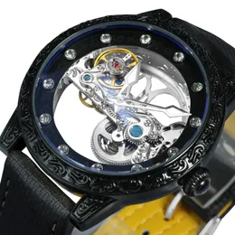 Zegarek do retro szkieletu Automatyczny automatyczny zegarek mechaniczny dla mężczyzn mody diamentowy świecy złoty most grawerowane luksusowe zegarki pasek