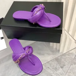 Womens Round Toes Sandals Thong Slippers Flat Heels Slides With Chain 100% Leather Flip-flop Outdoor Casual Beach Shoe Purple Large Size 40 Slip-on Mules Summer Wedding