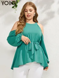 Camiseta feminina plus size YOINS blusas plus size mulheres tops manga comprida fora do ombro cinto assimétrico bainha fora do ombro elegante blusas t túnica 230224