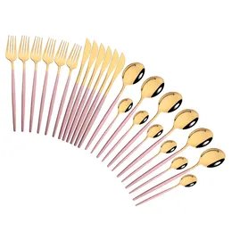 Servis uppsättningar rosa guldbestick rostfritt stål 24 st knivar gaffel kaffeskedar flatvaror kök middag bordsvaror 230224