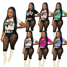 Camiseta feminina de manga curta com estampa de letras Sexy Cardigan Top de renda Shorts transparentes Conjunto de duas peças Roupas de streetwear para festas