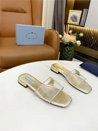 Designer Luxury Women's Gold Ciabatte Clear PVC Slide Sandals med Box Dust Bag