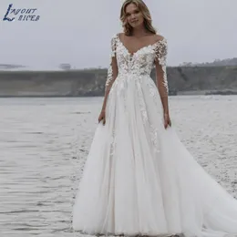 Abiti da festa LAYOUT NICEB Abito da sposa in pizzo con scollo a V Appliques Maniche lunghe Abiti da sposa robe de marie boho Tulle senza schienale A-Line Sweep Train 230224