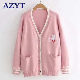 Malhas femininas Tees Azyt Cartoon Bordado Rabbit Knit Cardigan fêmea Spring Autumn Autonário de malha solteira Cardigan Cardigan Pull Femme 230223