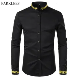 Mens Casual Shirts Black Gold Embroidery Shirt Men Spring Mens Dress Shirts Stand Collar Button Up Shirts Chemise Homme Camisa Masculina 230224