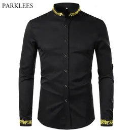 Herren Freizeithemden Schwarz Gold Stickerei Hemd Männer Frühling Herren Hemden Stehkragen Button Up Hemden Chemise Homme Camisa Masculina 230224