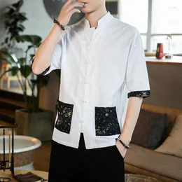 メンズカジュアルシャツ夏のメンズパッチワークプリント中国のヴィンテージトップスプラスサイズの伝統的なアジアの服のタングスーツ