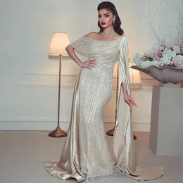 Partykleider Sharon Said Arabisch One Shoulder Mermaid Champagne Abendkleid Luxus Dubai Perlen Cape Sleeve Hochzeit Formelle Partykleider SS316 230223