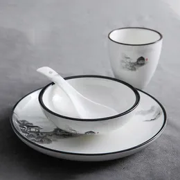 Bowls Chinese Vintage Dinnerware Set Ink Painting Ceramic Rice Bowl Tea Cup Spoon Dinner Plate El Decor Tableware Soup Saucer