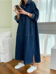 Casual Dresses EWQ Solid Lapel Button Double Pocket Long Sleeve Loose AnkleLength Denim Dress Women Spring Pullover Robe 16W2335 230224