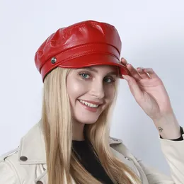 Berets Leather Real Military Cap Sheep Army Sailor Hats For Women Men Flat Top Female Travel Cadet Captain Red HatBerets