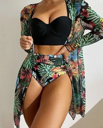 Kobiety w tropikalnym nadruku strojów kąpielowych zestawu bikini z wysokiej talii Push Up Swimsut for Women Sexy threeepiecs Kimono Beach Kąpiel 230224