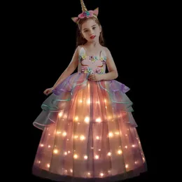 Kızın Elbiseleri Gökkuşağı Gelin Prenses Led Light Up Dress Glamour Girl Cosplay Karnaval Doğum Günü Hediye Partisi Elbise Gece Elbise W0224