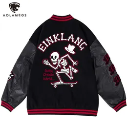 Men's Jackets Aolamegs Men Oversized Jacket Funny Skull Letter Embroidered Black Splicing Coat High Street Stand Collar Couple Casual Clothes 230223