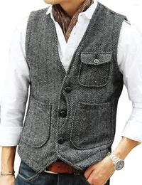 Men's Vests Vest Men's Casual Tooling Formal Herringbone Tweed Brown V Neck Wool Waistcoat Business Groomsman For Wedding Prom