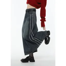 Skirts Spring Vintage Blue Women Denim Streetwear American Style Casual High Waist Ladies Slit Jean Medium and Long A-line 230224