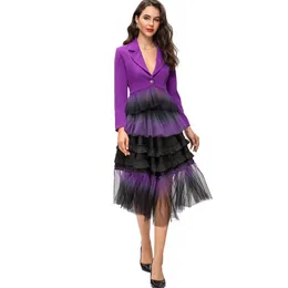 Zweiteiliges Runway-Kleid für Damen, Ein-Knopf-Bluse mit langen Ärmeln und abgestuften Rüschenröcken, modische Twinset-Sets