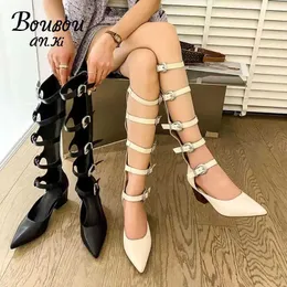 Sandalen Sommer Mode 2022 Frau Sandalen Ausschnitt Stiefel Schnalle Spitz Sandalen Plattform Schuhe Römischen LaceUp Casual Leder Stiefel Z0224