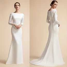 Party Dresses Simple Mermaid Button Wedding Long Sleeves Ivory Muslim Bridal Gowns for Bride Satin Lace Vestidos De Novia 2023 230224