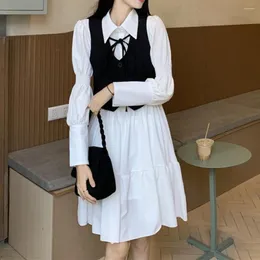 Casual Dresses Vintage Gothic Lolita Dress Women Harajuku Black Bandage White Mini Ruffle Decor Shirt With Waistcoat Vestidos