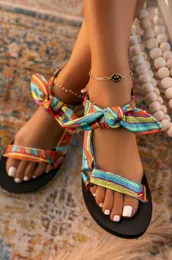 Sandaler Nya kvinnor Bowknot Summer Beach Color Flat Lace Up Bow Shoes For Ladies Fashion Outdoor Leopard Open Toe Y2302