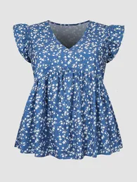 Kvinnors plus-storlek t-shirt Finjani Ditsy Floral V-Neck Peplum Blue Plus Size Women Casual Temperament T-shirt Puff Sleeve Summer Short Sleeve 230224